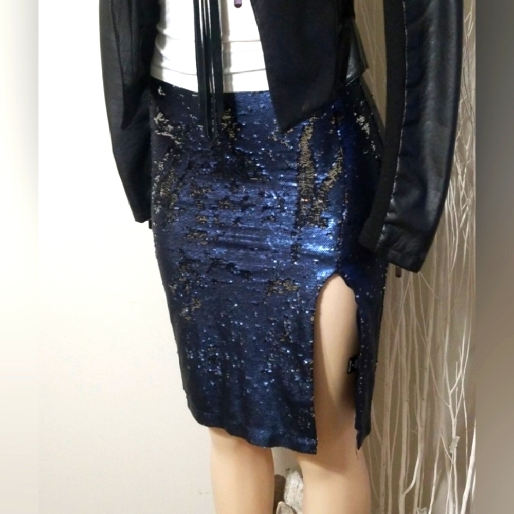 Lush Blue Sequin Pencil Skirt With Leg Slit